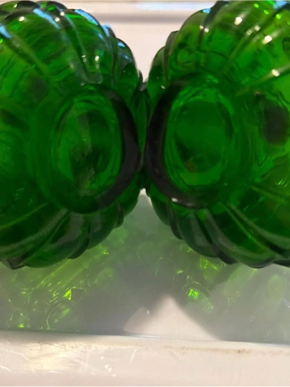 Vintage Green Glass Double Cruet Joined Oil Vinegar Bottle Diamond Pattern